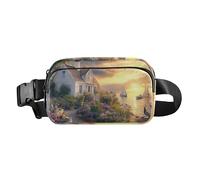 Radiant Explosion Of Color Artwork Cute Crossbody Bag Waist Packs for Men Women Water Resistant Running Belt Waist Pack, Sunset Seaside Haven Lighthouse Blooms Sailing Dreams, One Size