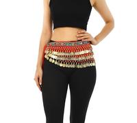 RADIANT FASHION WORLD - Chiffon Belly Dance Hip Scarf for Women, Bling Sequin Belly Dance Wrap Heavy Belt Skirt with Golden Coins - Red