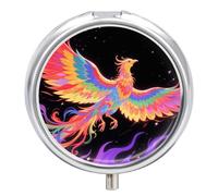 Radiant Phoenix Pill Case with Retro Mirror 3 Compartments Pill Organizer Small Round Metal Pill Organizer for Fish Oil Pills or Vitamins, Pill Supplements