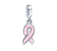 Radiant Pink Ribbon Enamel Hope Breast Cancer Survivor Dangle Charm Bead - Authentic .925 Sterling Silver - Compatible with European Bracelets - Inspirational Jewelry for Women