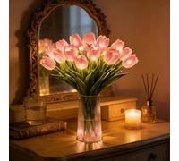 Radiant Romantic Tulip Ligh, Light up Tulips with Ribbon, Fake Tulips Real Touch Artificial Flowers, Flower Night Lamp for Home Bedroom Bedside Offiice Decor & Gift (Pink,15 Flowers)