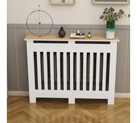Radiator Cover Cabinet - Modern Decorative Heater Protector with Vertical Slats, White MDF, Thicken Decor Shelf for Home Living Room Bedroom