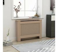 Radiator Cover MDF Brown 112x19x81.5cm Slatted Shelf Panel Heater Cabinet Modern