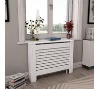 Radiator Cover White MDF 112x19x81.5 cm Slatted Shelf Adjustable Panel Easy Fit