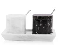 Radicaln Marble Salt Cellar with Lid Black and White Handmade Set of 2 Salt and Pepper Bowl Box with Marble Tray - Spice & Salt Storages for Kitchen Rack - Spices Container Set for Home