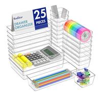 Radikor Drawer Organiser Set, 25pcs Clear Plastic Makeup Drawer Organiser Trays, 4-Size Desk Drawer Inserts/Dividers, Acrylic Storage Bins for Makeup, Cosmetic, Vanity, Officce, Bathroom
