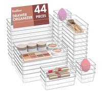 Radikor Drawer Organiser Set, 44pcs Clear Plastic Makeup Drawer Organiser Trays, 4-Size Desk Drawer Inserts/Dividers, Acrylic Storage Bins for Make Up, Cosmetic, Vanity, Officce, Bathroom