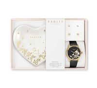 RADLEY Womens Gold Plated Black Leather Strap Watch, 18ct Gold Plated Heart Earring Pair & Heart Ceramic Trinket Tray Gift Set