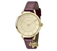 RADLEY Ladies Gold Plated Open Shoulder Dark Cherry Leather Strap Watch with Charm