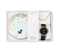 RADLEY Womens Gold Plated Stone Set Black Leather Strap Watch, 18ct Gold Plated Stone Set Bracelet & Ceramic Trinket Tray Gift Set