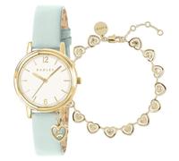 RADLEY Womens 27mm Gold Plated Deco Green Leather Strap Watch and Textured Heart Chain Bracelet Set