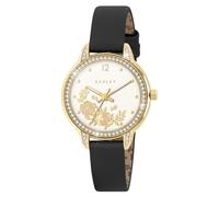 RADLEY Womens Gold Plated Stone Set Floral Black Leather Strap Watch