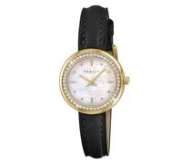 RADLEY Women's Pale Gold Plated Stone Set Case Mother of Pearl Dial Black Leather Strap Analogue Watch