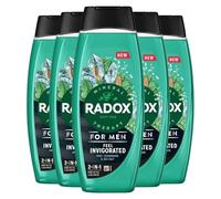 Radox Mineral Therapy 2-in-1 Shower Gel & Shampoo Feel Invigorated, Pack of 5, Men's Body Wash Enriched with Sea Salt 4 Minerals and 13 Herbs Cedarwood and Mint Scent, 450 ml