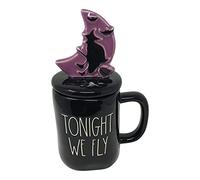 Rae Dunn Ceramic Halloween Mug with Decorative Lid (Tonight We Fly/Black/Purple)