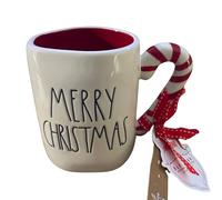 Rae Dunn Ceramic MERRY CHRISTMAS with Candy Cane Handle - White LL Coffee Mug bundled with Artistix Christmas Shoppe Gift Tag