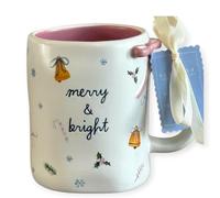 Rae Dunn christmas ceramic coffee mug. Merry and bright with Bow detail