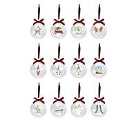 Rae Dunn Christmas Ornaments - Set of 12 Clear Glass Balls with Cute Holiday Designs - 60mm / 2.36 Inch Hanging Decorations for Xmas Tree