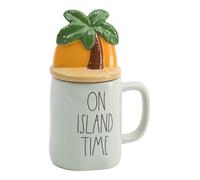 Rae Dunn Coffee Mugs with Decorative ceramic Lids, On Island Time/Palm Tree/Light Sage