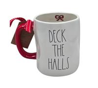 Rae Dunn Deck the Halls christmas ceramic coffee mug, Double sided winter tea cup with decorated Door on reverse