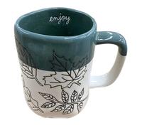 Rae Dunn Fall Leaves Colorblock Coffee Mug, Dark Teal & Off White