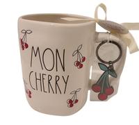 Rae Dunn Mon Cherry Ceramic coffee mug with cherry keychain. Limited edition summer mug.