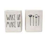 Rae Dunn Set of 2 Ceramic Brush Cup Holders (Make Up/Wake Up/White)