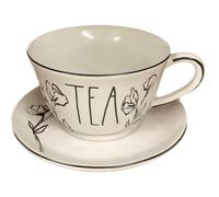 Rae Dunn Teacup and Saucer Set, White & Black Floral - TEA