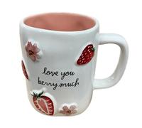 Rae Dunn Valentine's Day Coffee Mug, Love You Berry Much, Strawberries & Flowers Design, White Ceramic with Pink Interior