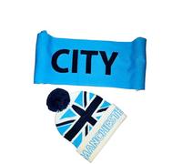 RAEES® Man City Blue & White Knitted Scarf & Matching Union Jack Bobble Hat- Soft, Stylish Winter Accessory with Striped Fringe & Bold Embroidered Logo - Ideal for Football Fans!