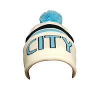 RAEES® White Knitted Hat for Man City Fans - Warm Beanie with Soft Blue Embroidered Logo & Detailing - Perfect Winter Accessory for Football Supporters