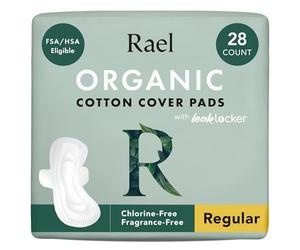 Rael Organic Cotton Cover Pads - Regular Absorbency, Unscented, Ultra Thin Pads with Wings for Women (Regular, 28 Count)