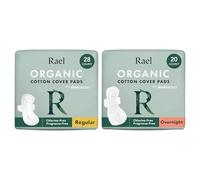Rael Sanitary Towels Day & Night Bundle - Organic Cotton Cover, Ultra Thin Period Pads with Wings for Women, Vegan, Cruelty Free, Unscented, Chlorine Free/Regular (28 Count) & Overnight (20 Count)