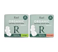 Rael Sanitary Towels for Heavy Flow Bundle - Organic Cotton Cover, Ultra Thin Period Pads with Wings for Women, Vegan, Cruelty Free, Unscented, Chlorine Free/Large (24 Count) & Overnight (20 Count)