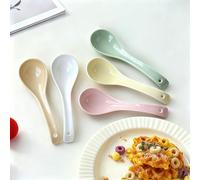 Raelitego 5/12 pcs Asian Soup Spoon, Ceramic Chinese Soup Spoons, Deep Oval Hook Non-slip Japanese Spoons for Rice Ramen Pho Miso Soup Wonton (5pcs-Pastel)