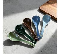 Raelitego 5/12 pcs Asian Soup Spoon, Ceramic Chinese Soup Spoons, Deep Oval Hook Non-slip Japanese Spoons for Rice Ramen Pho Miso Soup Wonton (5pcs-Dark)