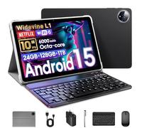 Raemond Android 15 Tablet 10 Inch with Keyboard, 24GB RAM + 128GB ROM (1TB Expand), T615 Octa-Core, 1280x800 IPS HD Display, 8MP+5MP Camera, 6000mAh, Mouse, Widevine L1(Black)