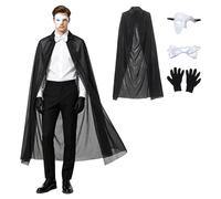 Raenseen 4 Pcs Black Magician Set Dark Gothic Half Face Mask Bowtie Cape And Gloves for Halloween Party Rave White One Size