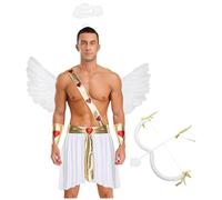 Raenseen 5 Pcs Cupid Costume for Men God of Love Cosplay Outfits Metallic Patchwork Toga Sets White L