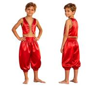Raenseen Kids Desert Themed Outfit Boys Street Rats Costume Red 7-8 Years | Arabian Festival Set,Magic Dress-up,Sultan King Costume,Gold Trim,2 Pcs Sets,Silky Satin,Harem Pants,Storybook Fairy