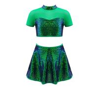 Raenseen Kids Girls Jazz Lyrical Ballet Contemporary Dance Costume Sequins Open Back Crop Top with Skirt Set Dancewear Green 11-12 Years