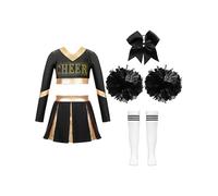 Raenseen Kids Girls Long Sleeve Cheer Leader Crop Top with Pleated Skirt Pom Pom Headwear Stocks for Halloween Carnival Party A White 9-10 Years