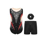 Raenseen Kids Girls Sparkly Gymnastics Outfit Sleeveless Dance Leotard Unitard with Shorts Hairband Set Athletic Dancewear Black 9-10 Years
