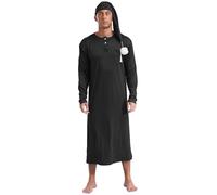 Raenseen Men's 2pcs Long Sleeve Nightgown Big & Tall Soft Loose Henley Sleep Shirt with Sleeping Cap Black L
