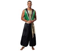 Raenseen Mens Arabian Costume Contrast Color Sleeveless Metallic Belted Jumpsuit for Halloween Green XXL