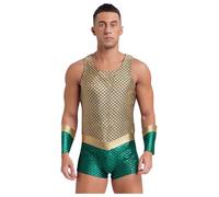 Raenseen Mens God of the King Costume Fish Scale Print Bodysuit with Cuffs Mermaid Outfits Gold M