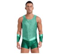 Raenseen Mens God of the King Costume Fish Scale Print Bodysuit with Cuffs Mermaid Outfits Mint Green S