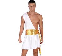 Raenseen Men's Greek God Costume One Shoulder Ruffle Dress with Metallic Ruched Belt Cosplay Outfit for Halloween White L