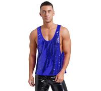 Raenseen Men's Smooth Lining Metallic Sparkle Sequin Tank Top Sleeveless Vest For Disco Club Dancing Party Royal Blue XL