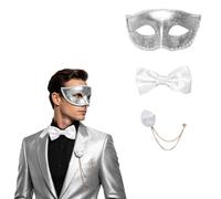 Raenseen Unisex Venetian Masquerade Mask Set Mardi Gras | Venetian Mask Bow Tie Set,Bow Tie,Corsage Chain,Adjustable Fit,Wide Application for Various Occasions,Theme Party Costume